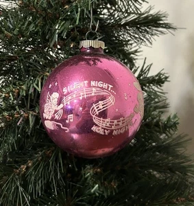 VTG Shiny Brite SILENT NIGHT Stencil Large 3.25 Fuchsia Glass Christmas Ornament - Picture 1 of 11