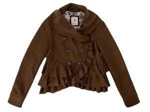 Anthropologie Elevenses Frilled Echelons Peacoat Size 0 Brown Ruffle Jacket Wool - Picture 1 of 7