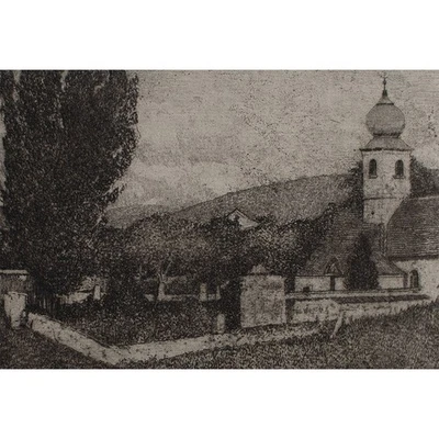 Max von Scherer Dorffriedhof mit Kirche Radierung auf Bütten 1920 signiert - Bild 1 von 4