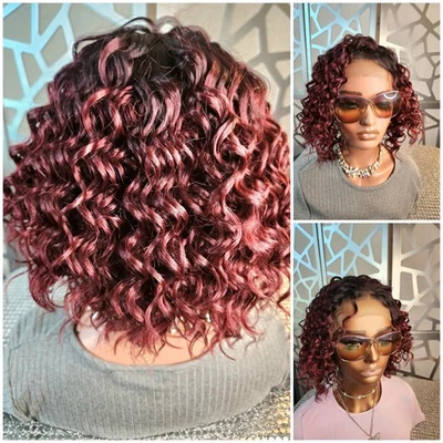 Curly Wig, Burgundy Wig Ombre Red Wig Free parting 13x6 lace Curly Wig Wavy Hair - Image 1 of 4
