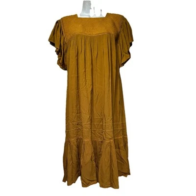 handmade smocked mustard yellow midi cottagecore dress - Image 1 of 4