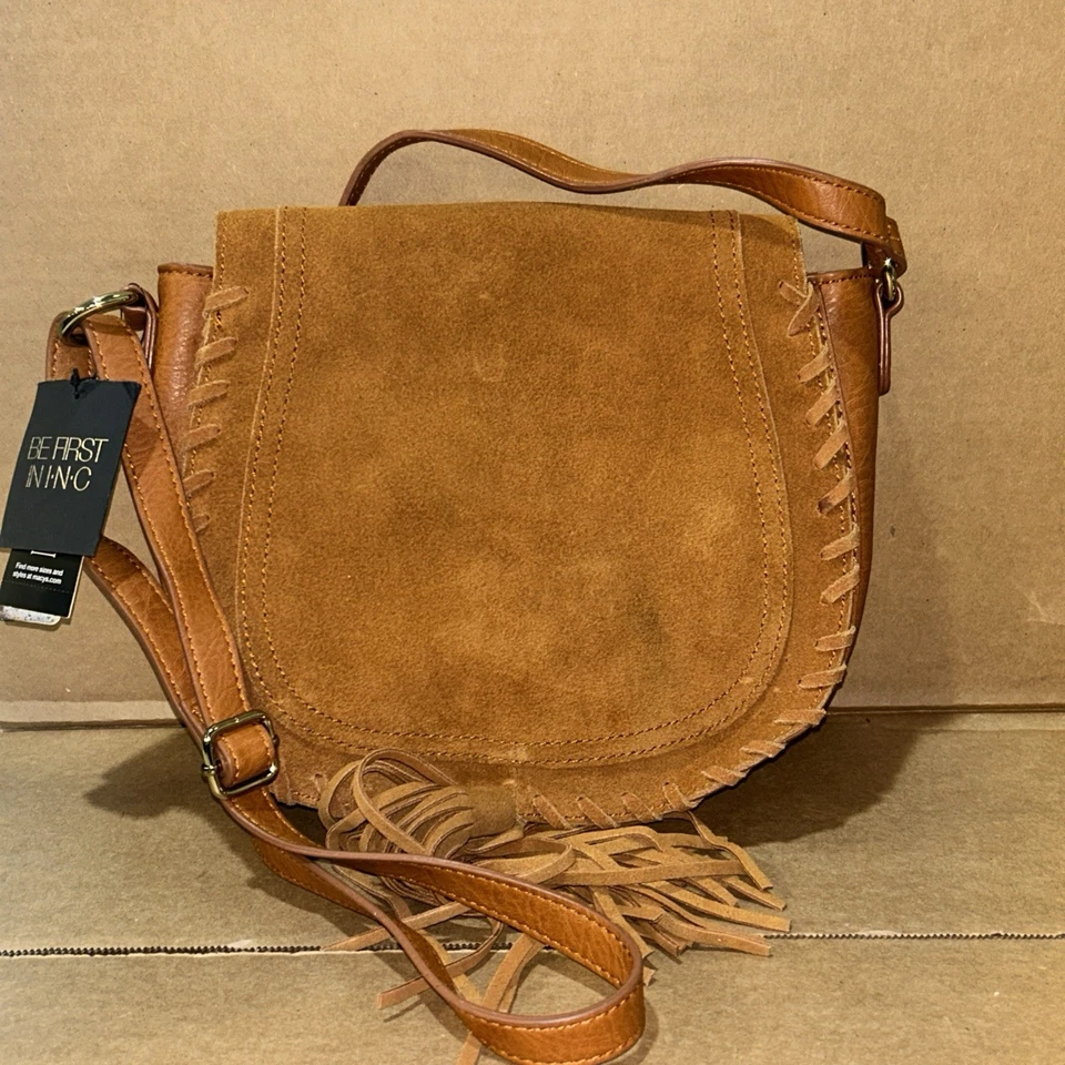 Inc International Concepts Handbag Willow Saddle Tassel Fringe Cross Body Cognac