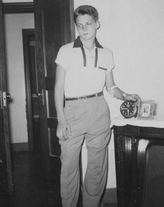CREASED 1955 Handsome Man Hand On Clock Attractive Cute Candid Portrait - Picture 1 of 3