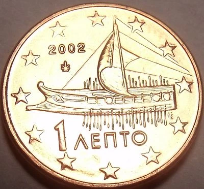 Gema Unc Grecia 2002 Un Centavo de Euro ~ Antiguo Trireme Ateniense ~ Envío Gratis Foto 1 de 2