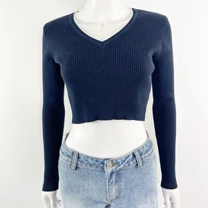 Suéter Recortado Acanalado Azul Marino Brandy Melville Talla Única Y2K Cuello en V Preppy - Imagen 1 de 10