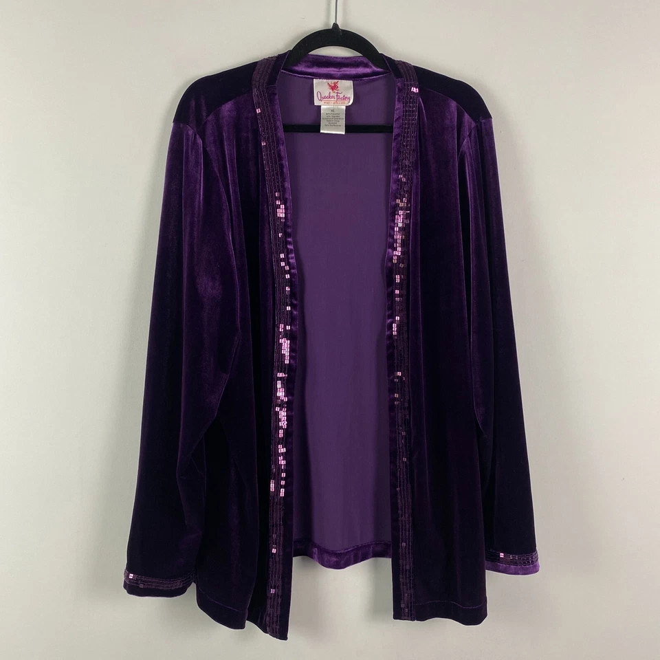 Quacker Factory Velvet Cardigan Size XL Purple Sequin Trim - Image 1 of 4