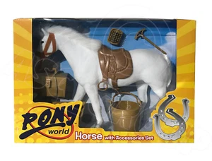 Pony World Toys - Horse with Accessories Set Sadle Bucket Trough Brushes Kit Box - Picture 1 of 1