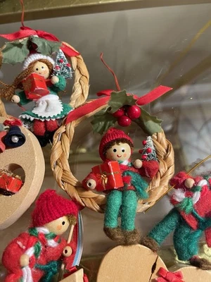 Juego De 6 Adornos De Colección Elfo Madera/Fieltro Adorno Alemán Campanas Corazón Lunas Foto 1 de 4