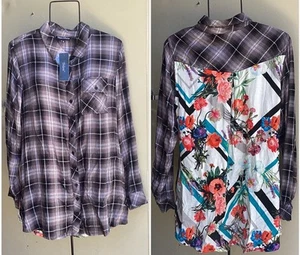 Tolani Top Womens Medium Black Colorful W/Floral Back Print Button Up Tunic - Picture 1 of 10