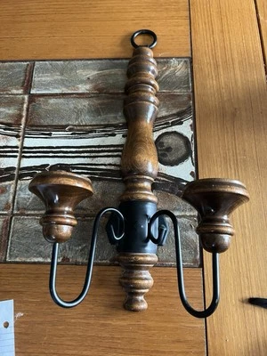 De colección 2 Brazos Hierro Forjado Madera Colgante Pared Aplique Cónico Candelabro 17 H Foto 1 de 4