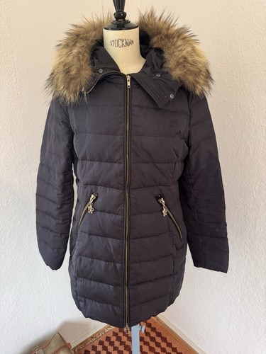 Moncler Puffer giacca cappotto taglia 42 blu piumino schiena full zip cappuccio pelliccia sintetica