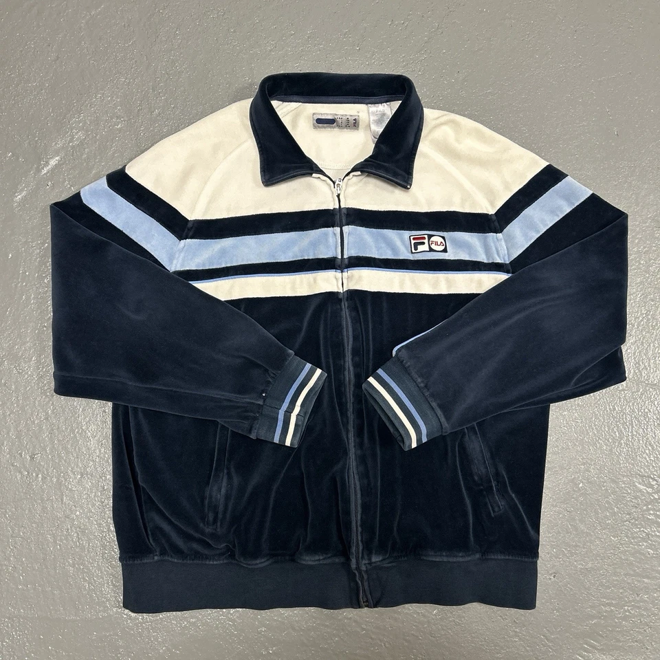 复古 Fila Velour 轨道夹克拉链海军蓝 M 码 — 第 1/4 张图片