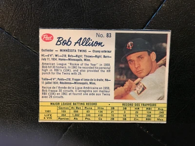 1962 Post Cereal Canadian Baseball Card #83 Bob Allison - Image 1 of 2