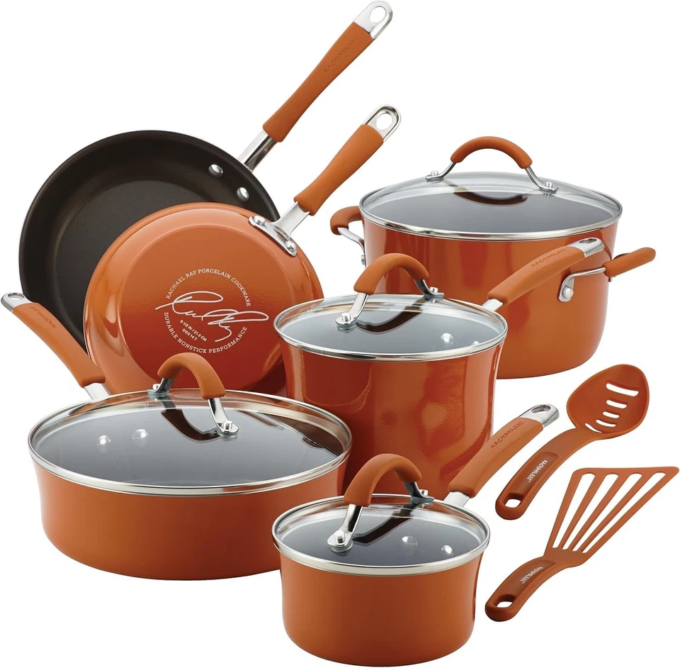 Rachael Ray CUCINA Nonstick Cookware Pots and Pans Set 12pcs Pumpkin Orange-a2