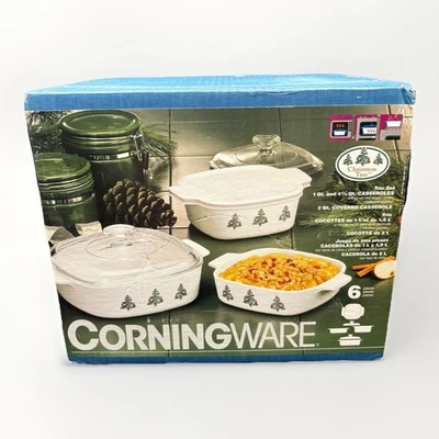 VTG NIB Corning Ware Christmas Tree 6PC Casserole Set 1, 1.5 & 2 Qt. With Lids - Image 1 of 4