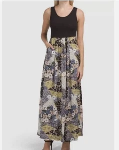 Nicole Miller L Mixed Fabric Crazy Quilt Floral Print Maxi Dress Pockets Black - Picture 1 of 11