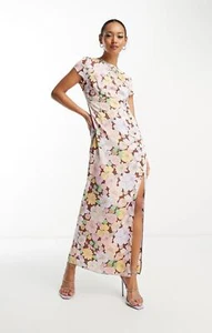 Vestido midi de té satinado con detalle lateral con botones y estampado floral audaz de ASOS Petite para mujer - Imagen 1 de 25