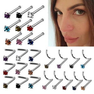 9pc Multi Colour Zircon Steel Thin Nose Ring Stud Screw Bar Piercing Jewelry Set - Picture 1 of 7