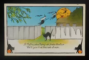 1930er Halloween Grüße Hexen reiten Besen zu einer Party schwarze Katzen Fledermäuse Zaun - Bild 1 von 1