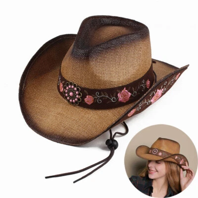Cowgirl Hat Pink Flower Straw Vintage Western Party Concert Women's Cowboy Hat - Image 1 of 4