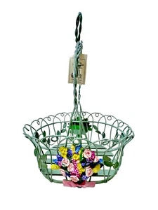 Dennis East Intl. 1999 French Green Wire Floral Bouquet Vine Bow Spring Basket - Picture 1 of 18