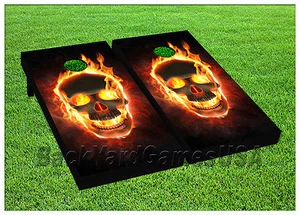 Fire Skull Hot Red Black CORNHOLE BEANBAG TOSS GAME w Bags Game Boards Set 982 - Picture 1 of 1