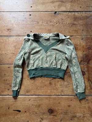 Suéter Vintage Años 70 Verde/Crema Marilyn Monroe Novedad/Nostalgia Intarsia XXS Foto 1 de 4