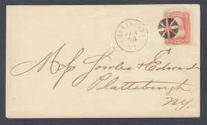 US Sc 65 on 1863 cover, 3c rose Washington, BURLINGTON, VT fancy cancel, VF - Picture 1 of 2
