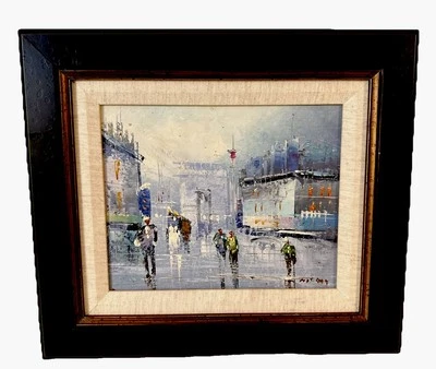 Pintura al óleo original Lluvia París escena impresionista púrpura azul enmarcado Foto 1 de 4