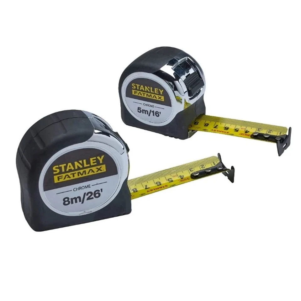 STANLEY FatMax Chrome Pocket Tape Measures 5m/16ft & 8m/26ft Twin Pack - Image 1 of 1