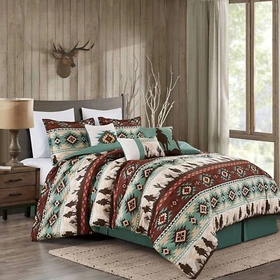 7pc King Size Southwest Aztec Style Comforter Set Burgundy Teal Beige w Cushions - Image 1 of 4
