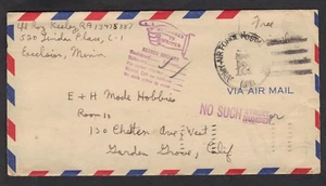US Free Airmail Army Air Force CDS March 1955 Pointing Finger Return to Writer - Picture 1 of 2