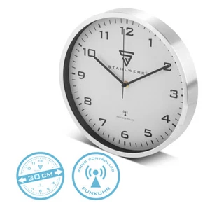 STAHLWERK Wanduhr 30 cm Werkstattuhr Aluminium Funkuhr Bürouhr Küchenuhr silber - Bild 1 von 9