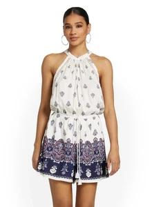 New York & Co Paisley White & Blue Halter Top Tie Waist Romper Size Large - Picture 1 of 10