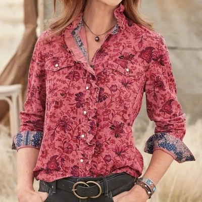 NUEVO Catálogo Sundance Ombeline Pana Blusa Camisa A Presión Volantes Floral Rosa L Foto 1 de 4