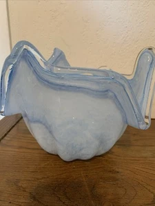 MURANO ART GLASS PALE BLUE BOWL CLEAR CRYSTAL CREST EDGE HANDMADE ITALY - Picture 1 of 10