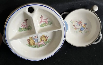 Vintage Set 2 Kinder Babynahrung Teller Warmwasser Warmhaltegeschirr Porzellan - 1 geteilt - Bild 1 von 4