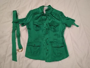 Bebe Silk Blouse Belted Short Sleeves W/ Pockets Sz XS - Picture 1 of 9