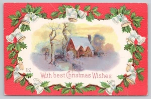 Divided Back Postcard Best Christmas Wishes Snowy Cabin Holly Framed - Picture 1 of 2
