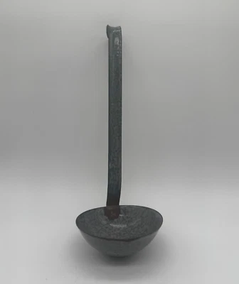 Vintage Enamelware Dipper Ladle Soup Spoon Gray Mottled Metal Graniteware, 10" - Image 1 of 4