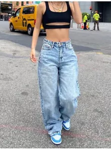 Hochtaillierte Damenjeans Baggy Jeans 2022 neu modisch gerade Beine Hose Y2k Denim - Bild 1 von 15