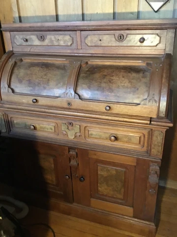 antique burl walnut heavily carved victorian cylinder roll desk Cover
