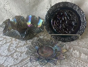 Carnival Glass Fenton Plate Indiana Glass Iridescent Plate/Bowl Set of 3 - Picture 1 of 7