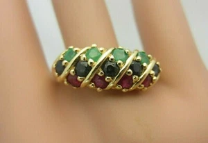 Anello Vintage In Oro 14K Con Smeraldo Rubino Zaffiro Blu 1.80 Ct - Foto 1 di 11