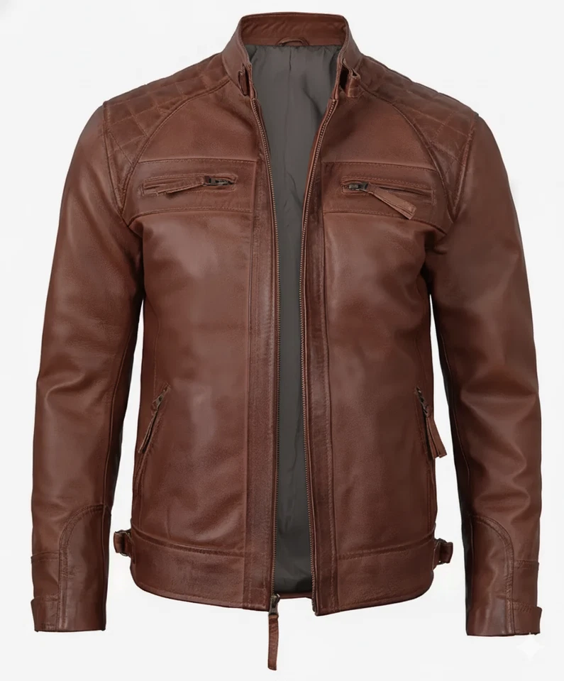 Chaqueta de cuero estilo motociclista coñac para hombre con hombros acolchados Foto 1 de 3
