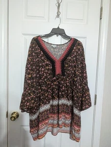 Avenue 30 32 Womens Floral Brown Coral Boho Shirt Dress - Picture 1 of 8