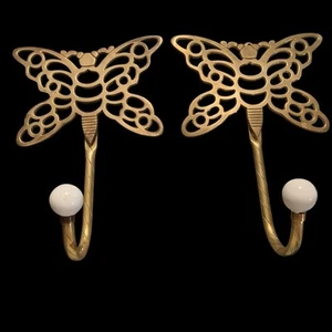 Lote De 2 Perillas De Cerámica Latón De Colección Gancho Mariposa Abrigo Sombrero Cartera Montaje En Pared - Imagen 1 de 5