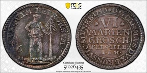 Deutschland 1750 IBH BRAUNSCHWEIG-WOLFENBÜTTEL 6 Mariengroschen PCGS MS63 Wildman - Bild 1 von 1
