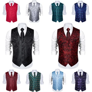 Men's Vest Waistcoat Suit Ties Necktie Wedding Hankie Cufflinks Tuxedo Set S-3XL - Picture 1 of 30