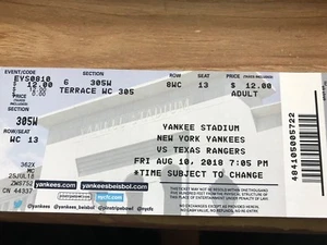 NEW YORK YANKEES TICKET STUB 8/10/18 TEXAS RANGERS GUZMAN BELTRE GARDNER - Picture 1 of 1